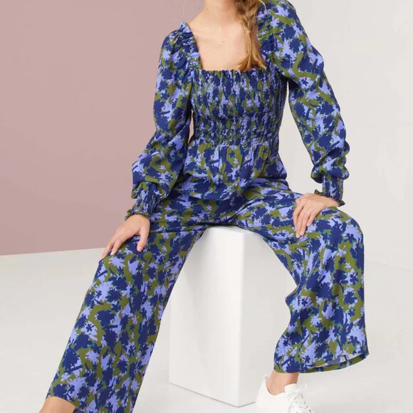 Alivia 'Katya' Wide-Leg Smocked Jumpsuit Purple and Green Floral Multicolor XL - Picture 1 of 15